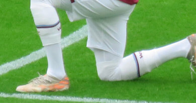 West Ham United footballer, Jesse Lingard taking a knee before the Premier League game against Southampton at the London Stadium, May 2021.