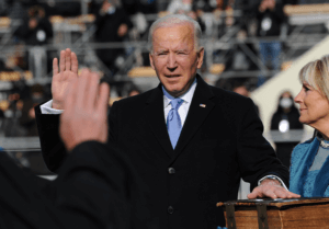 Joseph R. Biden Jr., 46th President of the United States, takes the oath of office as president on the West Front of the U.S. Capitol Building on January 20, 2021